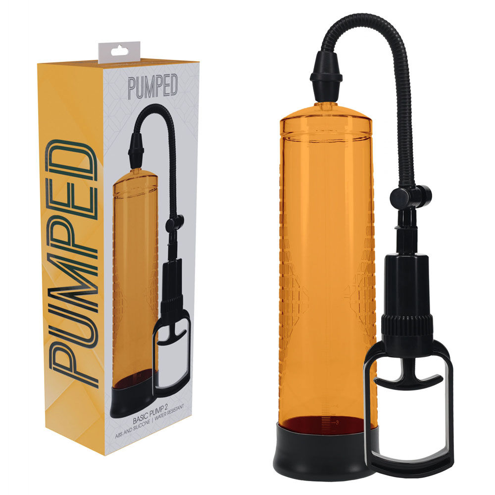 Basic transparent penis pump with measurement cylinder and soft silicone entry sleeve for erectile support and enhancement, orange | Flirty bay online adult store, adult toys and lingerie